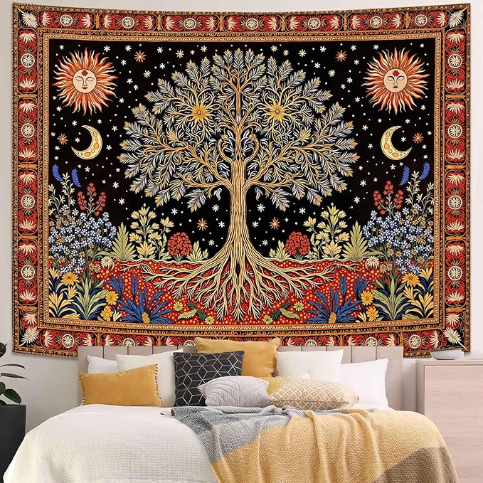 Lunerfex Tree of Life Wall Tapestry - Celestial Sun & Moon Wall Hanging for Bedroom and Living Room Decor - Boho Starry Night Tapestries 80"x60"