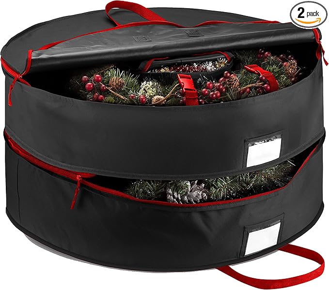 ZOBER Christmas Wreath Storage Container 36 Inch - Wreath Bag Fits 2 Wreaths Box - 600D Oxford Fabric - Interior Compartment for Storing Garlands, Wreaths Storage Bag W Strong Durable Handles - Black