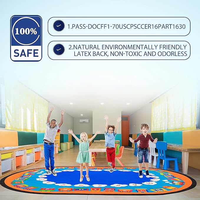 Classroom Area Rug with Number Oval Carpet for Kids, Reading Rug for School Elementary Blue Classroom Rugs for Home Learning Area or Classroom Mat, Kids Room, 6.5 x 8.5 ft