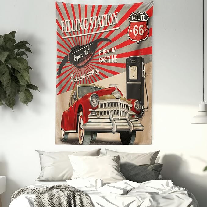 Ambesonne Cars Tapestry, Poster Style Image Gasoline Station Commercial Element Route 66 IllustrationPrint, Wall Hanging for Bedroom Living Room Dorm Decor, 60" X 80", Vermilion Beige