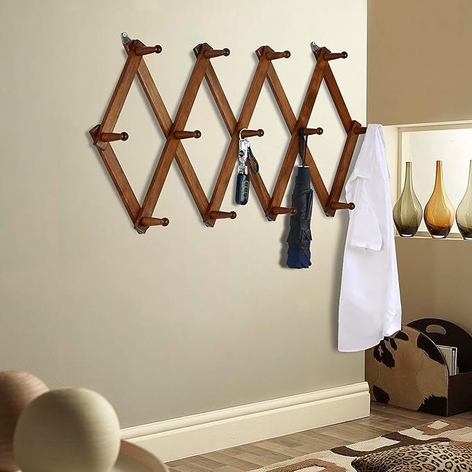 Dseap Accordian Wall Hanger: 16” High Wooden Wall Expandable Coat Rack, Hat Rack Holder, Accordion Hook for Baseball Caps, Coats, Mugs, 13 Peg Hooks, Brown