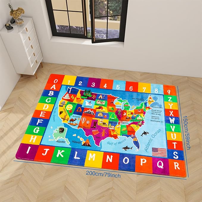 USA Map ABC Kid Rug 78.7" × 59" for Playroom Geography Educational Baby Preschool Playmat
