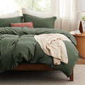 Bedsure Duvet Cover Queen Size with Fitted Sheet - 4 Pieces Prewashed Cotton-Like Extra Soft Bedding Set, Includes 1 Duvet Cover 90x90 Inches, 2 Pillow Shams, 1 Fitted Sheet, Olive Green