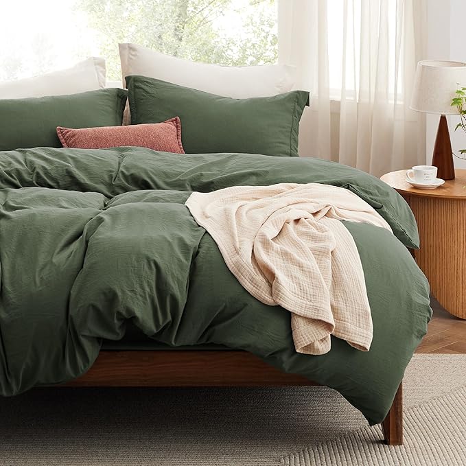 Bedsure Duvet Cover Full Size with Fitted Sheet - 4 Pieces Prewashed Cotton-Like Extra Soft Bedding Set, Includes 1 Duvet Cover 80x90 Inches, 2 Pillow Shams, 1 Fitted Sheet, Olive Green