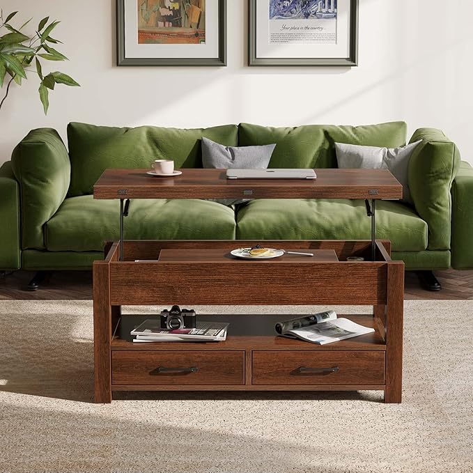 Rolanstar Coffee Table Lift Top, Multi-Function Convertible Coffee Table with Drawers and Hidden Compartment, Converts to Dining Table for Living Room, Home Office,Espresso