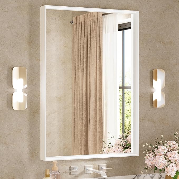 Keonjinn White Bathroom Vanity Mirrors 24 x 36 Inch, Metal Framed Bathroom Mirror for Over Sink, Rectangular Wall Mirrors Square Corner, Matte White Farmhouse Rectangle Mirrors(Horizontal/Vertical)
