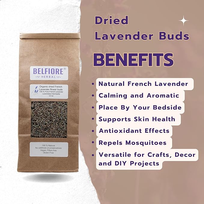 100% All Natural Dried French Lavender Flower Buds | Organic, Non-GMO | Skin Care, Crafts, Tea, Sachets, Potpourri | Made in The USA | 5.5 oz