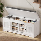 LIKIMIO 47.2" Shoe Bench with Lift Top Storage, Entryway Bench with Cushioned Seat, 2-Tier Rattan Shoe Cabinet with Adjustable Shelf, Storage Bench for Bedroom, Living Room, Hallway, White