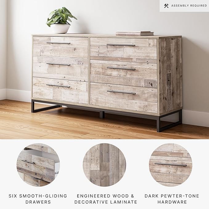 Signature Design by Ashley Neilsville Industrial 6 Drawer Dresser, Butcher Block Gray