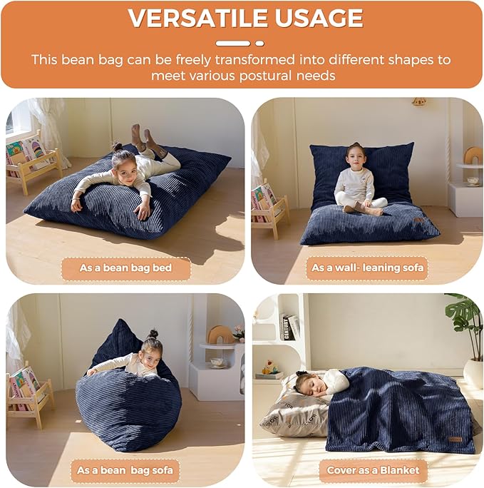 MAXYOYO 3 in 1 Kids Bean Bag Chair Bed, Convertible Chair Folds from Bean Bag to Lounger, Child Floor Sofa for Gaming, Reading, Floor Mattress with High-Density Foam Filling