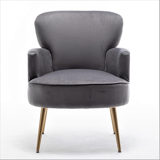 Trendy Velvet Accent Chair with Gold Metal Legs, Upholstered Armchair for Small to Mid-Size Spaces, Modern Living Room, Bedroom, Vanity Desk and Entryway, Grey