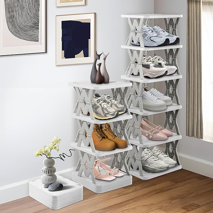 6 Tier Collapsible Kids Shoe Rack, Small Vertical Foldable Shoe Organizer for Front Door Entrance, Dorm, Bedroom, and Small Spaces (Grey-w)