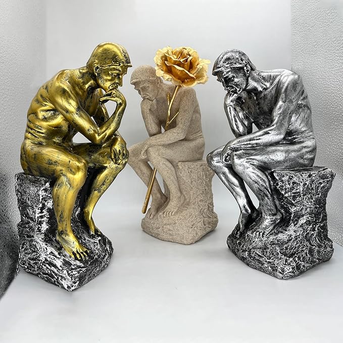 Thinker Statue Decor Office Desktop Bookcase Sculpture Accent Large DéCor Famous Rodin'S Thinker Art Collection Resin Figurine Desk Gifts for Men Modern Home Decorate (Silver)