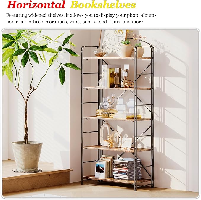 UDD Folding Bookshelf No Assembly, 54.1"H x 23.7"W, 5 Shelf Foldable Bookcase Industrial Collapsible Bookshelves, Open Storage Book Shelves for Small Spaces Home Office Living Room, Rustic Brown Black