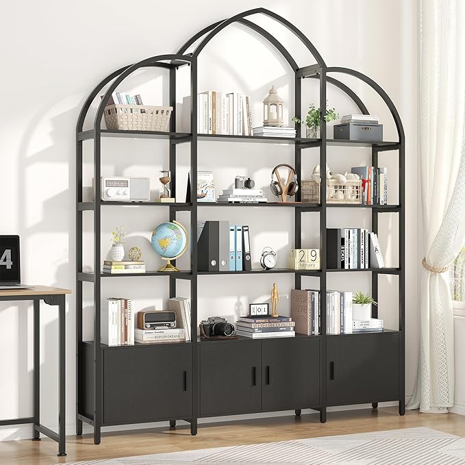 Semoic 85.8" Tall Arched Bookshelf with Door, 5-Tier Etagere Bookcase with Storage Cabinet Shelf, Triple Wide Industrial Bookshelf, Free Standing Display Shelf for Living Room Home Office, Black