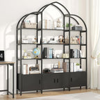 Semoic 85.8" Tall Arched Bookshelf with Door, 5-Tier Etagere Bookcase with Storage Cabinet Shelf, Triple Wide Industrial Bookshelf, Free Standing Display Shelf for Living Room Home Office, Black