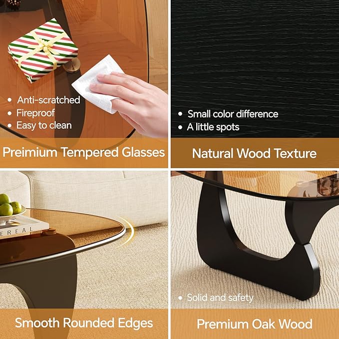 Coffee Tables Glass Small Farmhouse Coffee Table Mid-Century Modern Wood Center Table for Living Room, Black Brown, 45 Inch