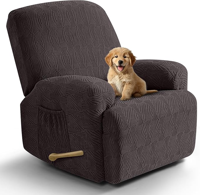 VANSOFY Oversized Recliner Chair Covers, 4-Pieces Stretch Recliner Cover Jacquard Soft Reclining Chair Slipcover Furniture Protector with Elastic Bottom for Lazy Boy Recliner(Chocolate)