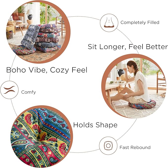 Codi Meditation Floor Pillow, Boho Pillows Seating for Adults and Kids, Large Round Cushion for Yoga Living Room Tatami Sitting, Memory Foam Added, 22x22 Inch, Multi Blaidiere