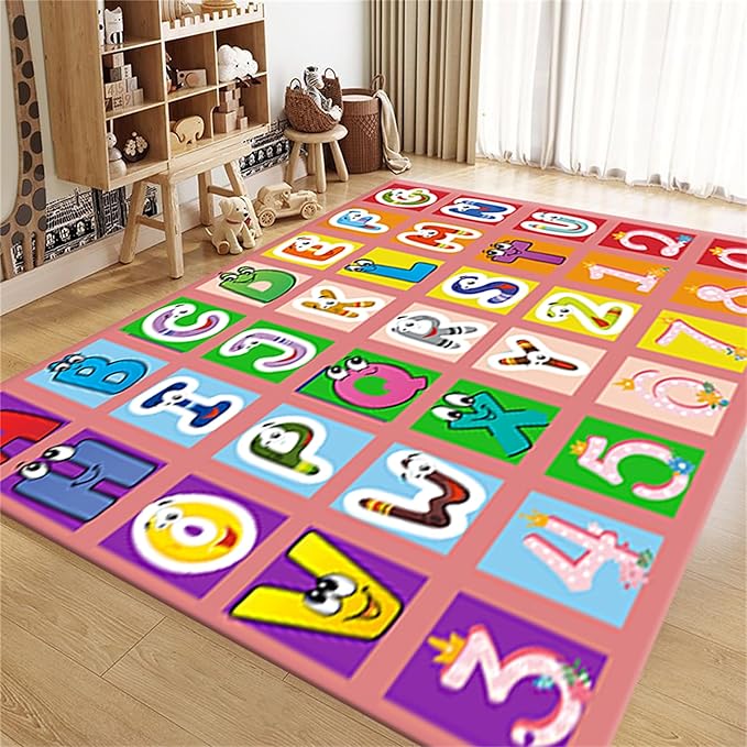 Kids Area Rug English Characters ABC and Math Symbols Learning Carpets, Lovely Cartoon Pink Washable Foldable Door Mat Ideal for Living Dining Room Bedside Kids Girls Bedroom, 4x6ft