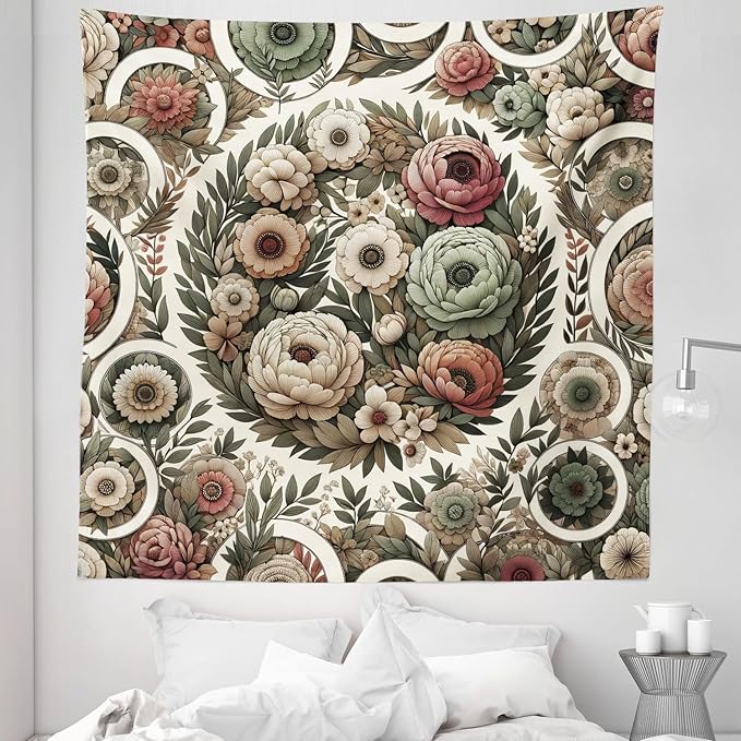 Ambesonne Flower Tapestry Queen Size, Circular Floral Wreath with Greenery Leaves Ornaments Modern Cottagecore, Wall Hanging Bedspread Bed Cover Wall Decor, 88" X 88", Reseda Green Pale Ruby