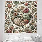 Ambesonne Flower Tapestry Queen Size, Circular Floral Wreath with Greenery Leaves Ornaments Modern Cottagecore, Wall Hanging Bedspread Bed Cover Wall Decor, 88" X 88", Reseda Green Pale Ruby