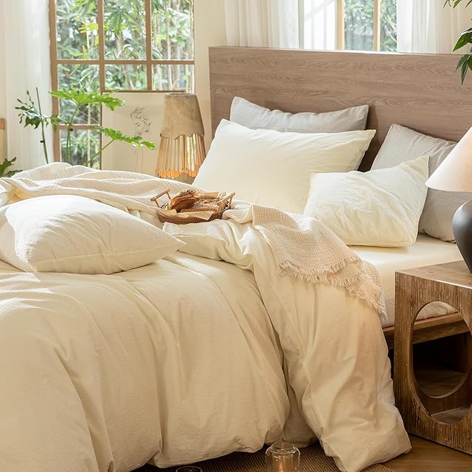 MooMee Wavy Striped Duvet Cover Set 100% Washed Cotton Linen Like Textured Breathable Durable Soft Comfy (Cream White, Palatial King/Oversized King 120"x98")