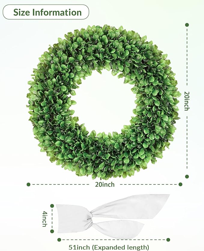 20 inch Artificial Boxwood Wreath for Front Door, Greenery Spring Summer Wreath for All Seasons with Sash，St Patrick's Day Decoration, Farmhouse, Garden, Wedding, Indoor & Outdoor