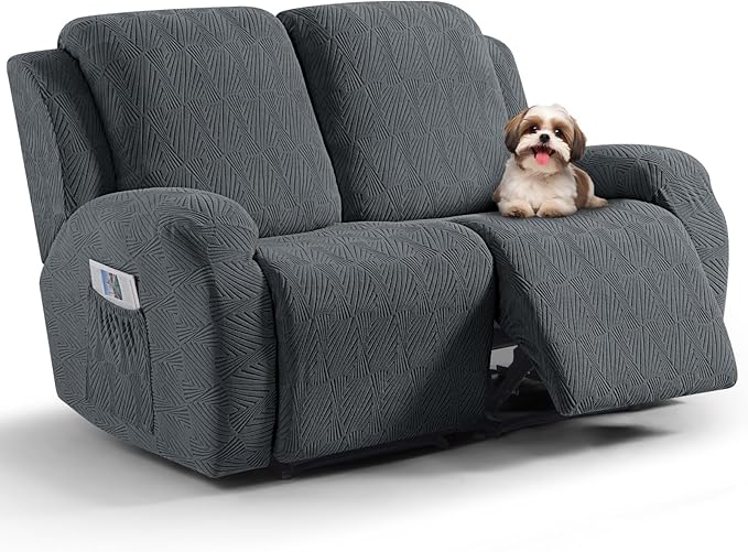 VANSOFY Recliner Loveseat Cover, 6-Pieces Stretch Dual Recliner Sofa Cover Soft Jacquard Reclining Couch Slipcover Furniture Protector with Elastic Bottom for Kid, Pets(2 Seat,Dark Gray)