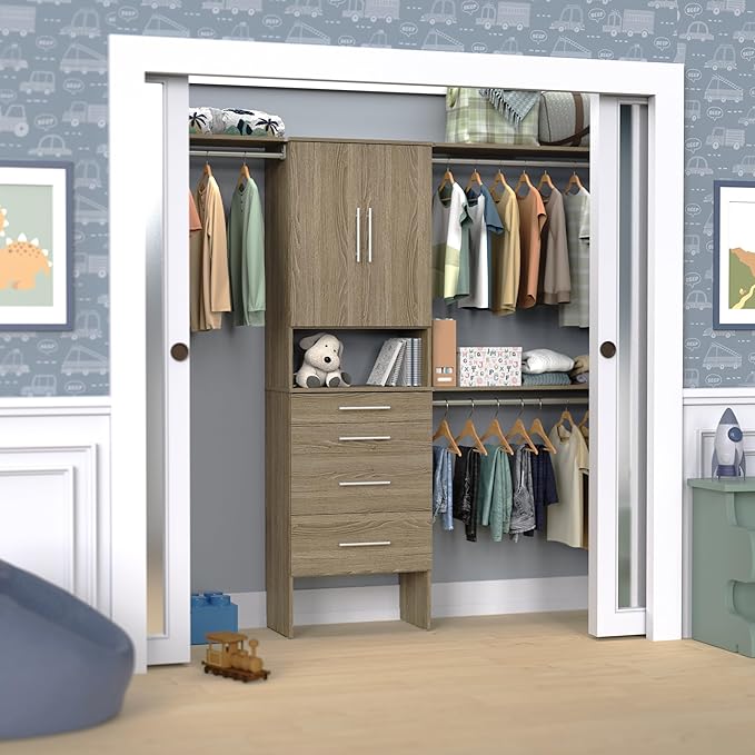 ClosetMaid SuiteSymphony Wood Closet Organizer Kit with Tower, 3 Hang Rods, Top Shelves, 4 Drawers, Doors, Adjustable, Fits Spaces 6 - 10 ft. Wide, Natural Grey