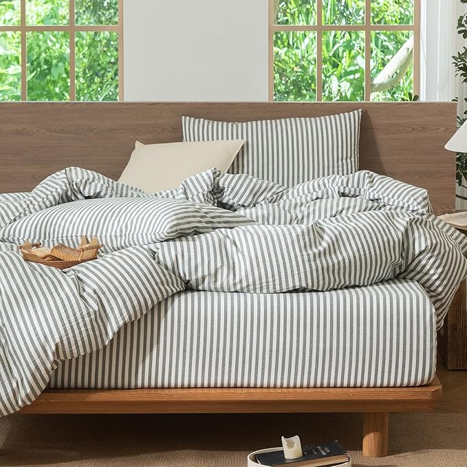 MooMee Striped Duvet Cover Set 100% Washed Cotton Linen Like Textured Breathable Durable Soft Comfy (Heathered Green Classic Stripes, Oversized Full 82"x86")