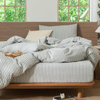 MooMee Striped Duvet Cover Set 100% Washed Cotton Linen Like Textured Breathable Durable Soft Comfy (Heathered Green Classic Stripes, Super King 108"x98")