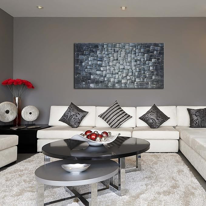 MyArton Textured Abstract Squares Canvas Wall Art Hand Painted Modern Silver Oil Painting Picture for Home Decoration Ready to Hang 40x20inch