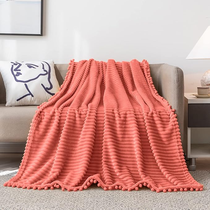 DISSA Fleece Blanket Queen Size – 71x80, Coral - Soft, Plush, Fluffy, Fuzzy, Warm, Cozy – Perfect Throw for Couch, Bed, Sofa - with Pompom Fringe - Flannel Blanket