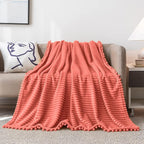 DISSA Fleece Blanket Queen Size – 71x80, Coral - Soft, Plush, Fluffy, Fuzzy, Warm, Cozy – Perfect Throw for Couch, Bed, Sofa - with Pompom Fringe - Flannel Blanket