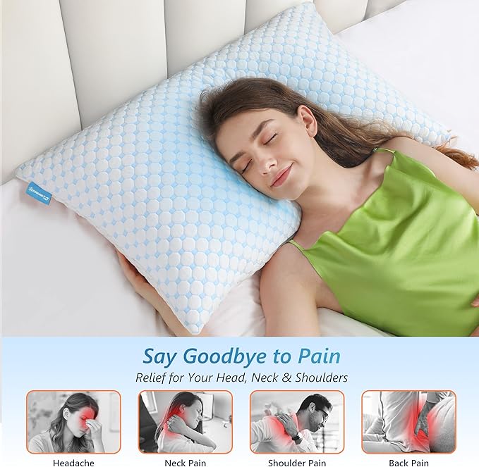 Cooling Firm Bed Pillows Set of 2, Shredded Memory Foam Pillows for Sleeping Luxury Gel Pillows for Side Back Stomach Sleepers with Removable Washable Cover(Blue, Standard)
