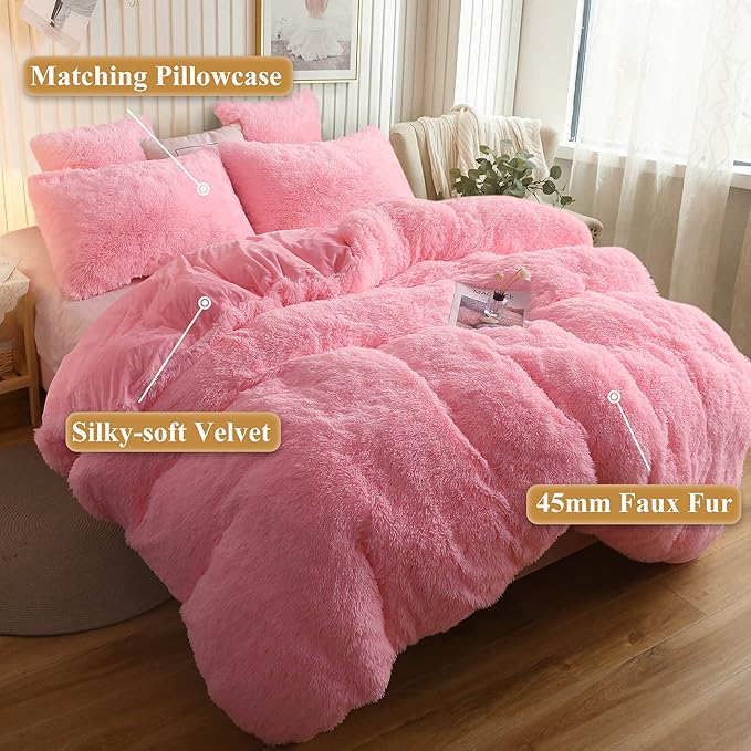 XeGe Plush Shaggy Duvet Cover Set, Luxury Ultra Soft Crystal Velvet Fluffy Bedding Sets 2 Pieces(1 Furry Faux Fur Comforter Cover + 1 Fuzzy Faux Fur Pillow Case), Zipper Closure(Twin, Light Pink)