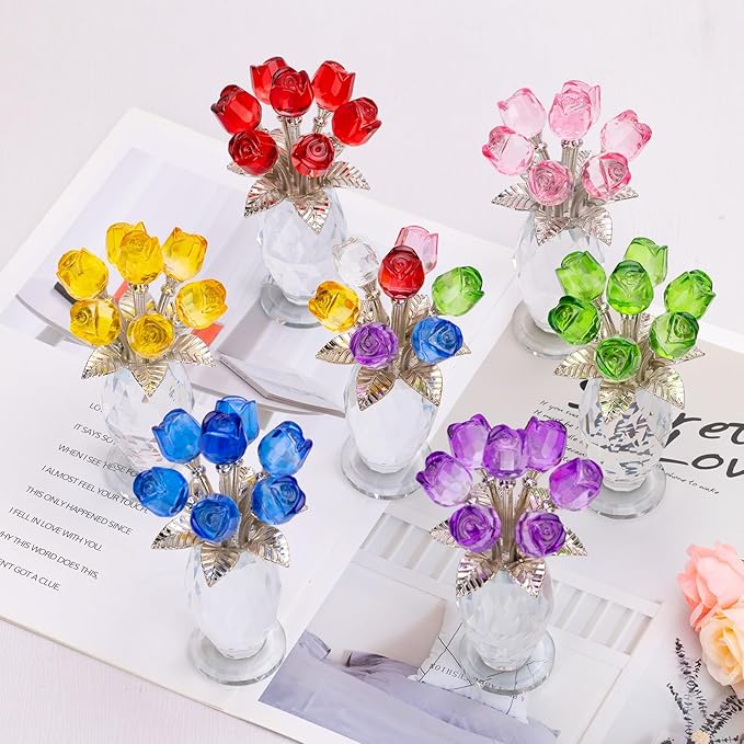 Glass Rose Flowers, Crystal Glass Figurines Rose Decorations for Home Gifts for Mom Wife Grandma, Crystal Flowers Collectible Ornament Mother's Day Thanksgiving Anniversary Birthday Gifts (Blue Rose)