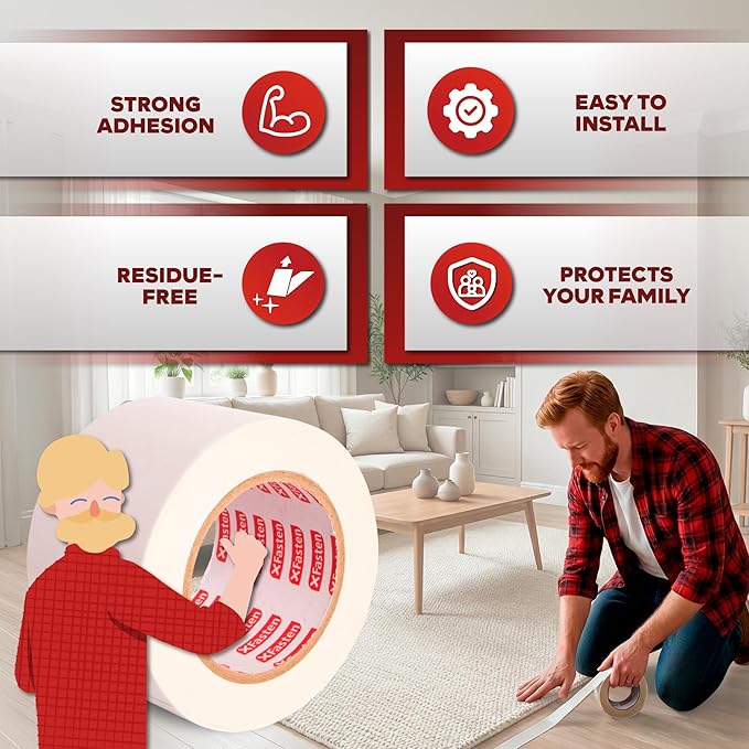 XFasten Double Sided Carpet Tape for Area Rugs, 2 Inch x 60 Yards – Heavy Duty Anti Slip Rug Grip Tape, Works as Rug Gripper, Residue Free, Wood Safe, Easy Removal for Hardwood and Laminated Floors