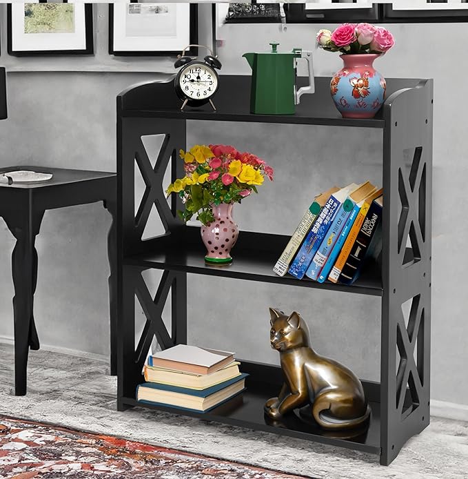 Black Bookcase by Natural Wood, 3 Tier Bookshelf, Small Book Shelves Freestanding Display Storage Shelves. Open Bookshelf for Bedroom, Living Room and Office (Black, 3 Tier)