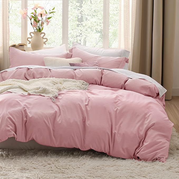Bedsure Pink Duvet Cover Full Size - 3 Pieces Prewashed Extra Soft Cotton-Like Polyester Bedding Set, Includes 1 Duvet Cover 80x90 Inches with Zipper Closure & 2 Pillow Shams, Comforter Not Included