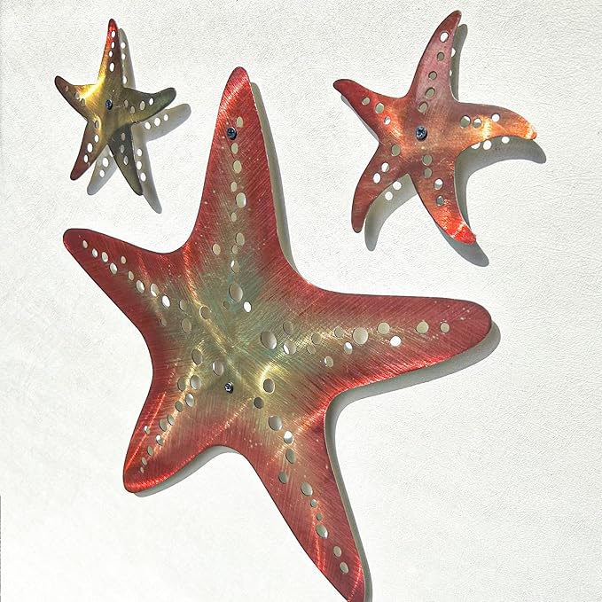 LiveInUrban Coastal Wall Art Starfish Metal Wall Sculptures, Ocean Beach Themed Metal Hanging Home Decoration 3PCS 15.6"x12.7"