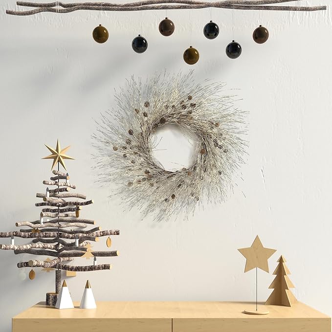 Winter Birch Pinecone Wreath - 26 Inch Winter Front Door Wreath with Pinecone Needle for Front Door or Indoor Home Wall Window Christmas Decor