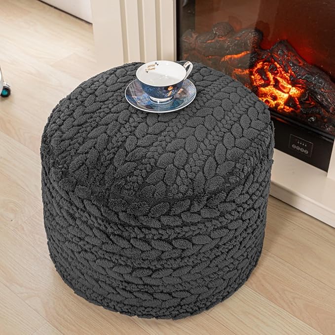 Unstuffed Ottoman Pouf Cover – Round Faux Fur Footstool Plush Floor Pouf (No Filler Included) Perfect for Living Room, Bedroom, or Office Lounge (Gray, 20x20x15 in)