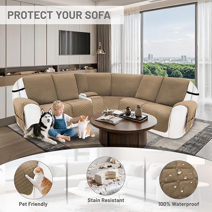 Reclining Sectional Couch Covers 100% Waterproof Velvet L Shape Recliner Couch Covers for Sofa Pets Washable Anti Slip Recliner Slipcovers with Pockets (5 Seat Sofa with 1 Console, Camel)