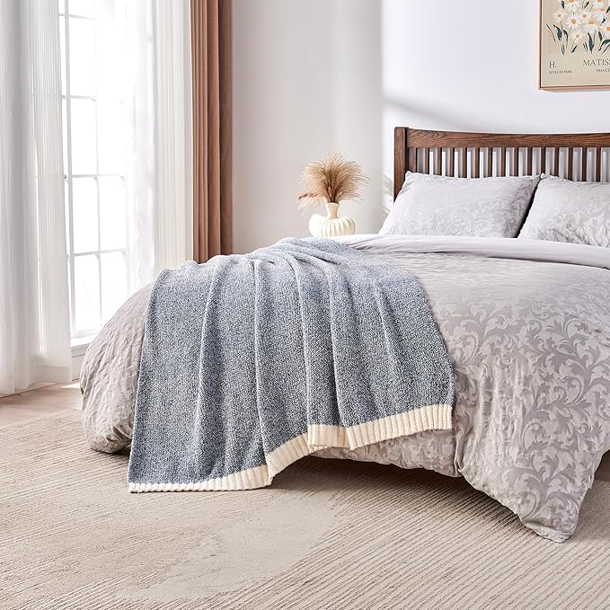 CozeCube Super Soft Fullfy Microfiber Reversible Knitted Blankets, Warm Cozy Fuzzy Plush Throw, Dusty Blue and White Melange Throw Blanket for Couch Bed Sofa, 50" x 60"