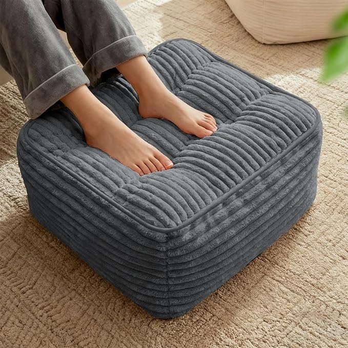 Square Pouf Ottoman, Boho Stuffed Poufs Ottoman Foot Rest with Memory Foam Filled 21.6 x 15.7 inches Modern Corduroy Foot Rest Stool for Living Room, Gray