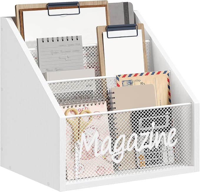 Magazine Holder, Wood Magazine Rack Floor, Mail Organizer Countertop, Magazine Mail Holder Sorter, Record Holder for Magazines, Books, Newspapers, Tablets, White MR02WW
