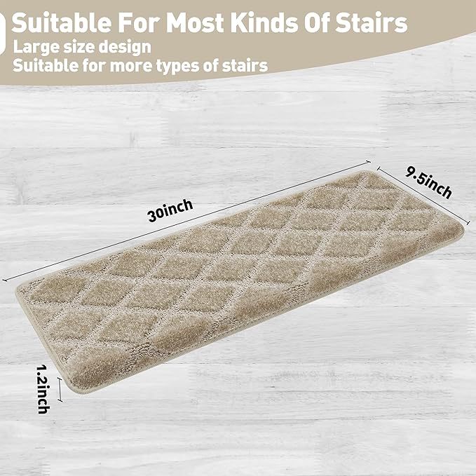 PURE ERA Bullnose Carpet Stair Treads Tape Free Non-Slip Indoor Stair Protectors Pet Friendly Stair Treads for Wooden Steps 9.5" x 30"(2 Pieces, Cream Gray Diamond Trellis)