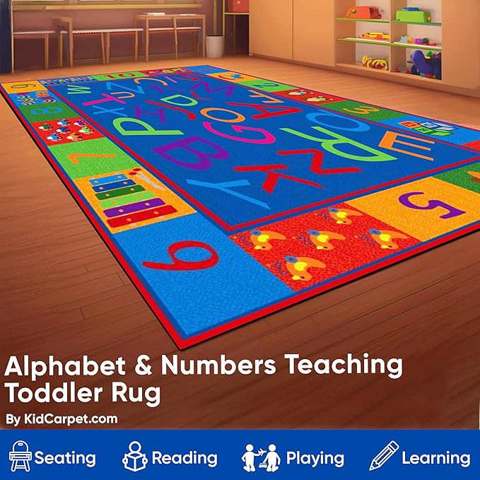 KIDCARPET.COM Alphabet and Numbers Rectangle Classroom Rug | Bordered Area Rug for Preschool Daycare Learning, 6' x 8'6"